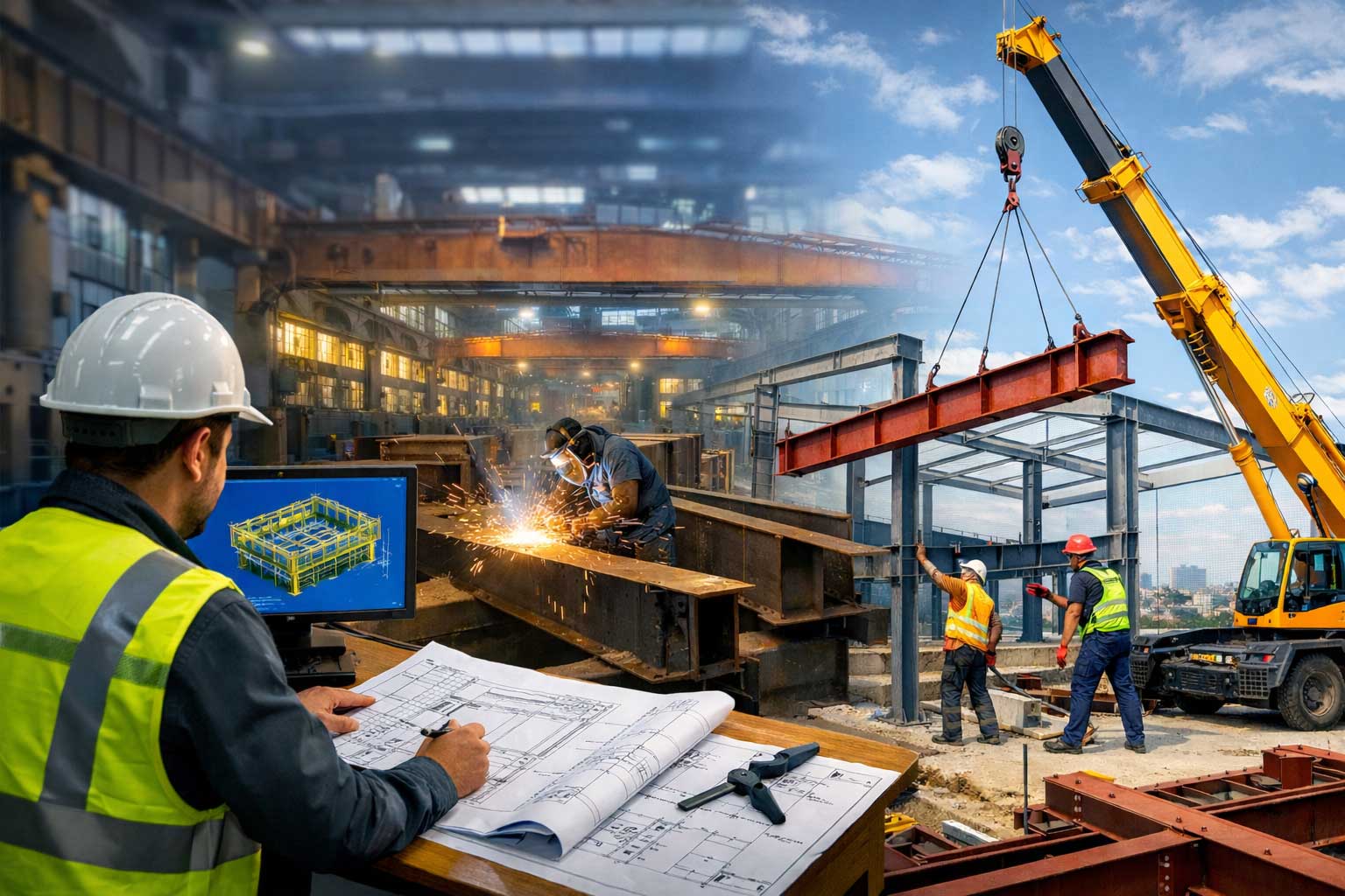 فرآیند طراحی و ساخت اسکلت فلزی (کارخانه تا نصب)